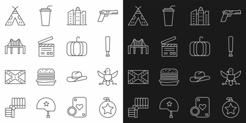 Set line Canteen water bottle, Eagle, Baseball bat, City landscape, Movie clapper, Golden gate bridge, Indian teepee or wigwam and Pumpkin icon. Vector © Kostiantyn