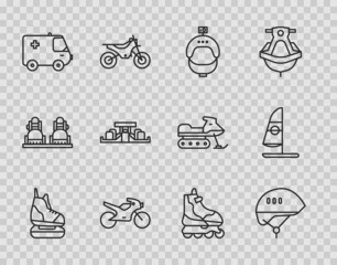 Set line Skates, Bicycle helmet, Helmet and action camera, Motorcycle, Ambulance emergency car, Formula 1 racing, Roller skate and Windsurfing icon. Vector