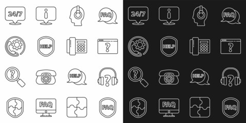 Set line Shield with text FAQ, Headphones, Browser question mark, Support operator in touch, Help, Telephone 24 hours support, Clock and icon. Vector