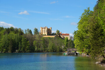Fototapeta na wymiar romantic medieval Wittelsbach Hohenschwangau Castle (Schloss Hohenschwangau) in the Alps on lake Alpsee (Allgau, Bavaria, Germany) 