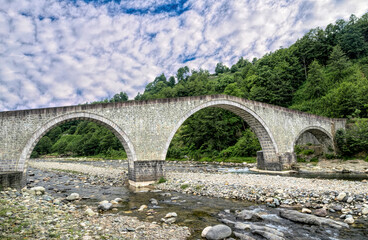 Fototapeta na wymiar Ancient stone arch bridge and mountain river