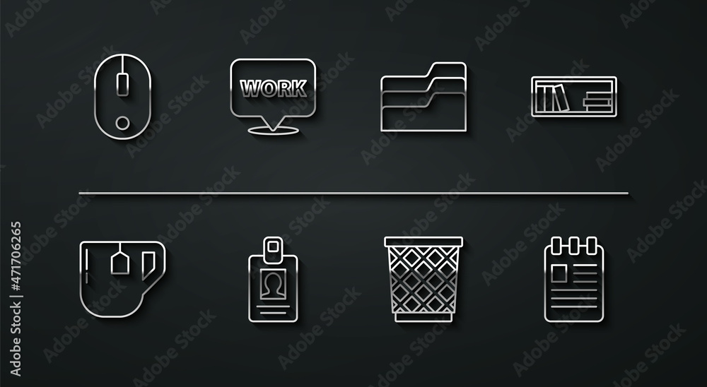 Poster set line computer mouse, cup of tea with tea bag, shelf books, trash can, identification badge, loca