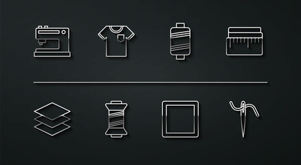Set line Sewing machine, Layers clothing textile, Tape measure, Pattern, thread, T-shirt, Needle for sewing with and icon. Vector