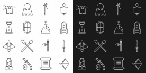 Set line Medieval bow and arrow, sword, throne, axe, Shield, Castle tower, Trumpet with flag and Sword in the stone icon. Vector