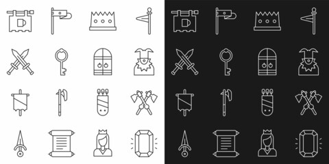 Set line Diamond, Crossed medieval axes, Joker head, King crown, Old key, sword, Street signboard with Bar and Medieval castle gate icon. Vector
