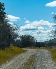 Paisaje del campo con camino rocoso, cielo azulado sur de chile