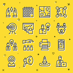 Set line Businessman, Chat messages on phone, Project team base, Folded map with location, Training, presentation, Target arrow, Growth chart and progress and Human lamp bulb icon. Vector