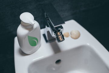 Closeup view of a bidet with towel, soap dispenser and shells. Modern environment bathroom fixtures...
