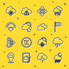 Set line Cloud with rain and moon, Cone windsock wind vane, Snowflake, sun, Sunset, snow and icon. Vector