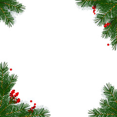 Fototapeta na wymiar Christmas decor, a branch of a Christmas tree, red rowan berries, decoration in the corners of a square white background. Vector illustration, realistic 3d design, isolated on white background, eps 10