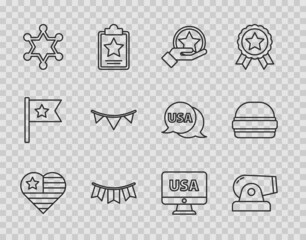 Set line USA Independence day, Cannon, Carnival garland with flags, Hexagram sheriff, monitor and Burger icon. Vector