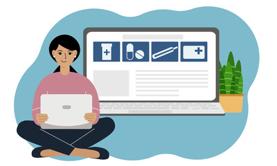 Concept for online pharmacy, medication. A woman is sitting cross-legged with a laptop. Laptop with an open website page