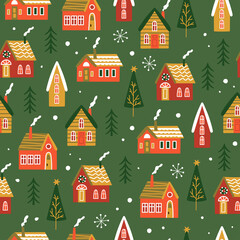 Seamless pattern for Christmas holiday with cute houses and fir trees. Childish background for fabric, wrapping paper, textile, wallpaper and apparel
