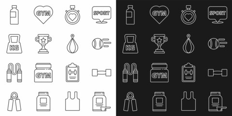 Set line Sports nutrition, Dumbbell, Tennis ball, Heart in the center stopwatch, Award cup, Weight, Fitness shaker and Punching bag icon. Vector