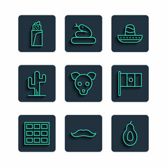 Set line Chocolate bar, Mustache, Avocado, Mexican sombrero, Dog, Cactus, Burrito and Mexico flag icon. Vector