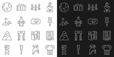 Set line Ancient column, Portrait in museum, Torch flame, Rope barrier, amphorae, Egypt pyramids, Earth globe and Museum ticket icon. Vector