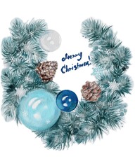 Christmas wreath with pine branches, toys and cones. Watercolor illustration