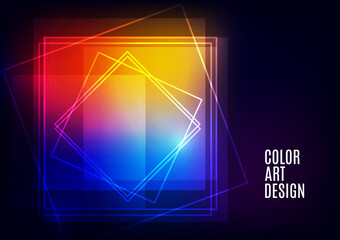 Modern template for business or technology presentation. Bright abstract overlapping geometric shapes squares on a dark background. Online presentation of web element and place for text. Vector