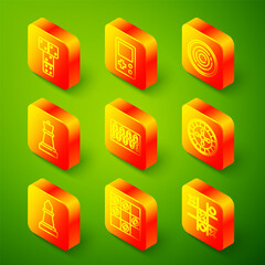 Set line Domino, Tetris, Checker game chips, Chess, Board, Casino roulette wheel, and of checkers icon. Vector