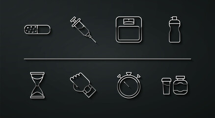 Set line Vitamin pill, Old hourglass, Fitness shaker, Stopwatch, Smart on hand, Doping syringe, Sports nutrition and Bathroom scales icon. Vector