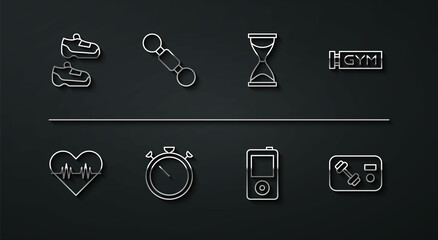 Set line Sport sneakers, Heart rate, Location gym, Music player, Stopwatch, Dumbbell, Fitness club, card and Old hourglass icon. Vector