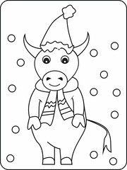 Christmas coloring page for kids, animal coloring page, Christmas cow