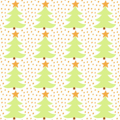 Christmas vector seamless pattern with cartoon Christmas trees and stars. New Year's background.