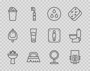 Set line Washbasin with water tap, Gas boiler, Water drop, Brush for cleaning, Bucket soap suds, Tube of toothpaste, Round makeup mirror and Toilet bowl icon. Vector