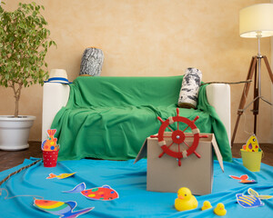 Children room interior. Preparing for the play fishing trip