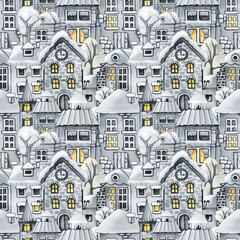 Seamless pattern with town, Christmas snow houses and trees. Winter Landscape. Black white monochrome pattern. Hand drawn watercolor illustration