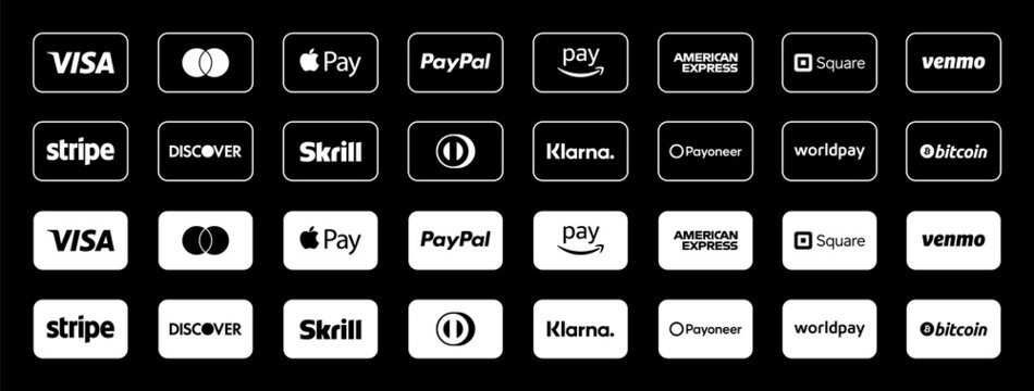 Dark Mode Payment Method Icon Set. Set of Mini Payment. Methods Banner Icons or Buttons for Online Store Websites. Icons Isolated on Dark Mode Background including Visa, Mastercard, Apple Py, Paypal