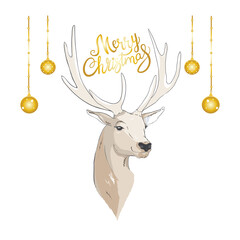 Deer with Christmas balls on the horns. Christmas card with a deer and letters.