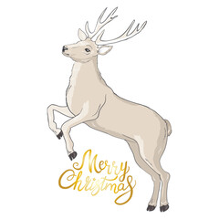 Deer with Christmas balls on the horns. Christmas card with a deer and letters.