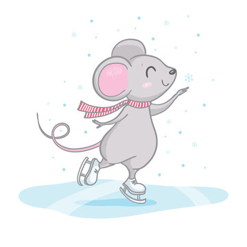 Cute Little Mouse is skating. Wild rat. Freehand drawn silhouette small mouse. Lunar horoscope sign. New Year card, t-shirt composition.