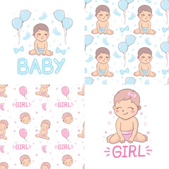 A set of ready-made designs for newborns. This is a boy. It's a girl. Vector illustration.