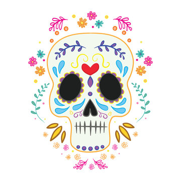 Vector sugar skull with marigold flowers wreath illustration in watercolor style. Dia de los muertos day.