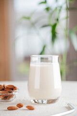 Vegan almond milk in glass with nuts on blurry background. Copy space. Healthy vegetarian food. selective focus. Non dairy alternative milk