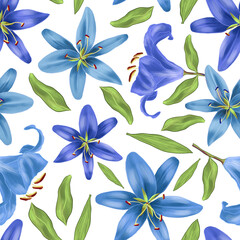 Blue irises and green leaves on a white background. Seamless pattern.
