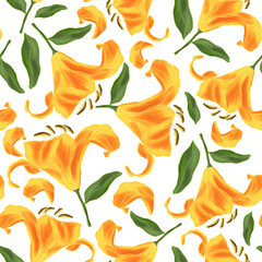 Yellow irises on a white background. Seamless pattern. 
