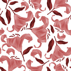 Irises and leaves on a white background. Seamless pattern. Design for card, wrapping, print, fabric. Monochrome illustration.