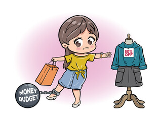 Fototapeta na wymiar A cute girl held back by money budget when shopping