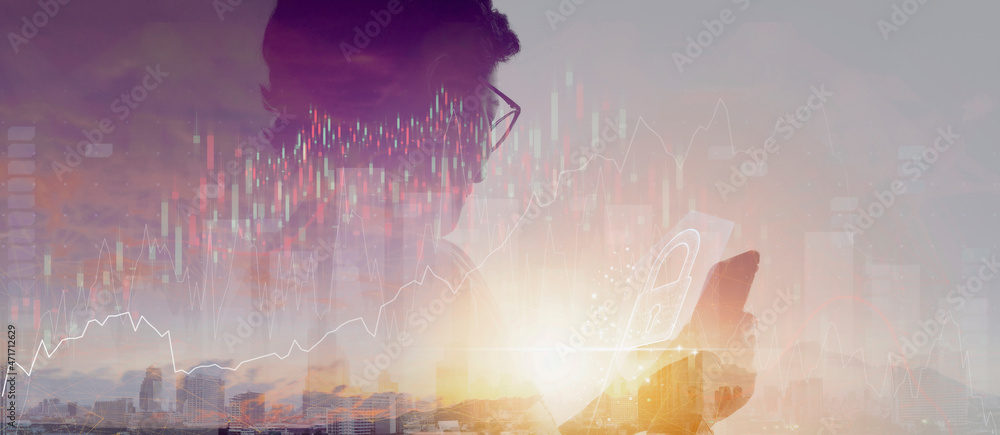 Aufkleber Cyber security and data protection.double exposure of Young woman calling with smart phone protecting business and financial data with virtual network connection.Mobile communication network concept.