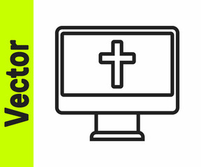 Obraz premium Black line Christian cross on monitor icon isolated on white background. Church cross. Vector