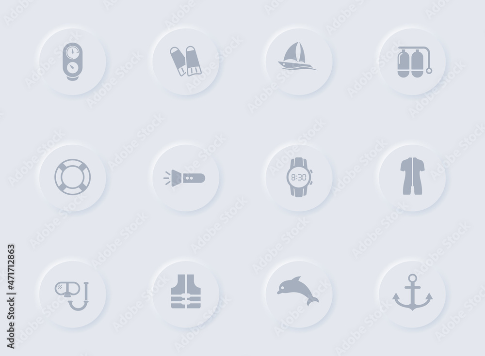 Poster diving gray vector icons on round rubber buttons. diving icon set for web, mobile apps, ui design an
