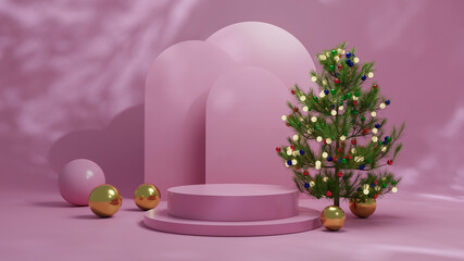 Mockup Modern minimal podium with christmas tree and blur pink background abstract architectural shapes scene for display product presentation or showcase 3d rendering