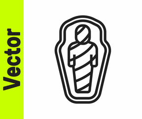Black line Egypt mummy in sarcophagus icon isolated on white background. Vector