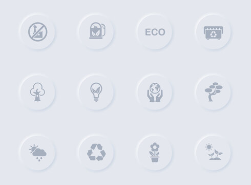 ecology gray vector icons on round rubber buttons. ecology icon set for web, mobile apps, ui design and promo business polygraphy