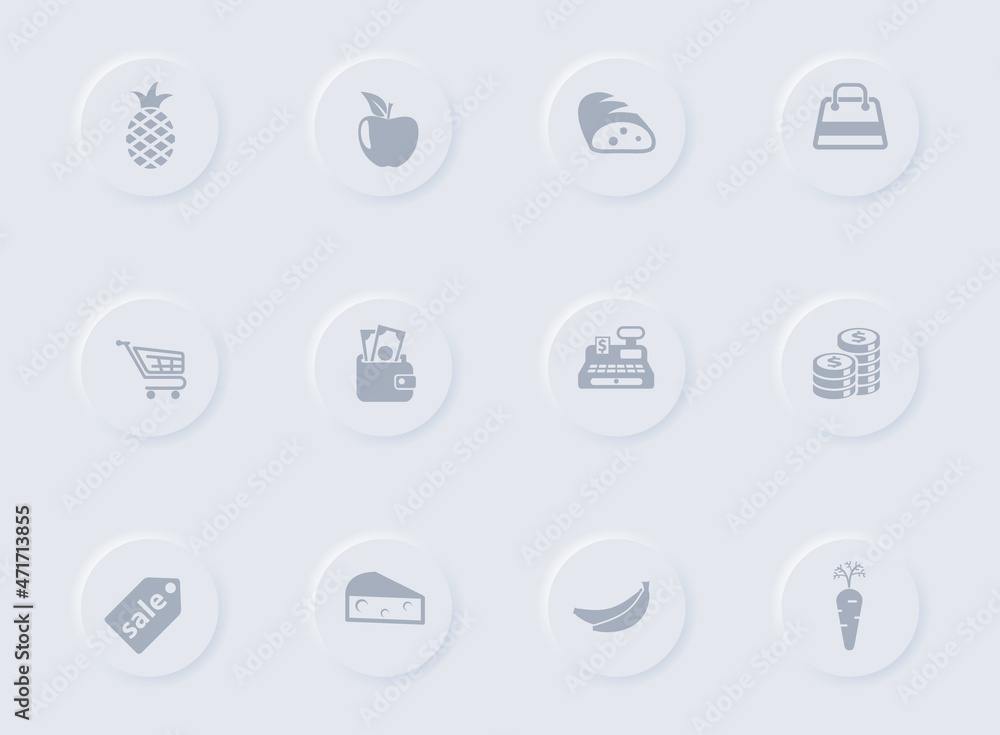 Poster grocery store gray vector icons on round rubber buttons. grocery store icon set for web, mobile apps