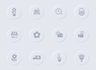 Fototapeta premium flower shop gray vector icons on round rubber buttons. flower shop icon set for web, mobile apps, ui design and promo business polygraphy