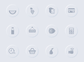 grocery store gray vector icons on round rubber buttons. grocery store icon set for web, mobile apps, ui design and promo business polygraphy